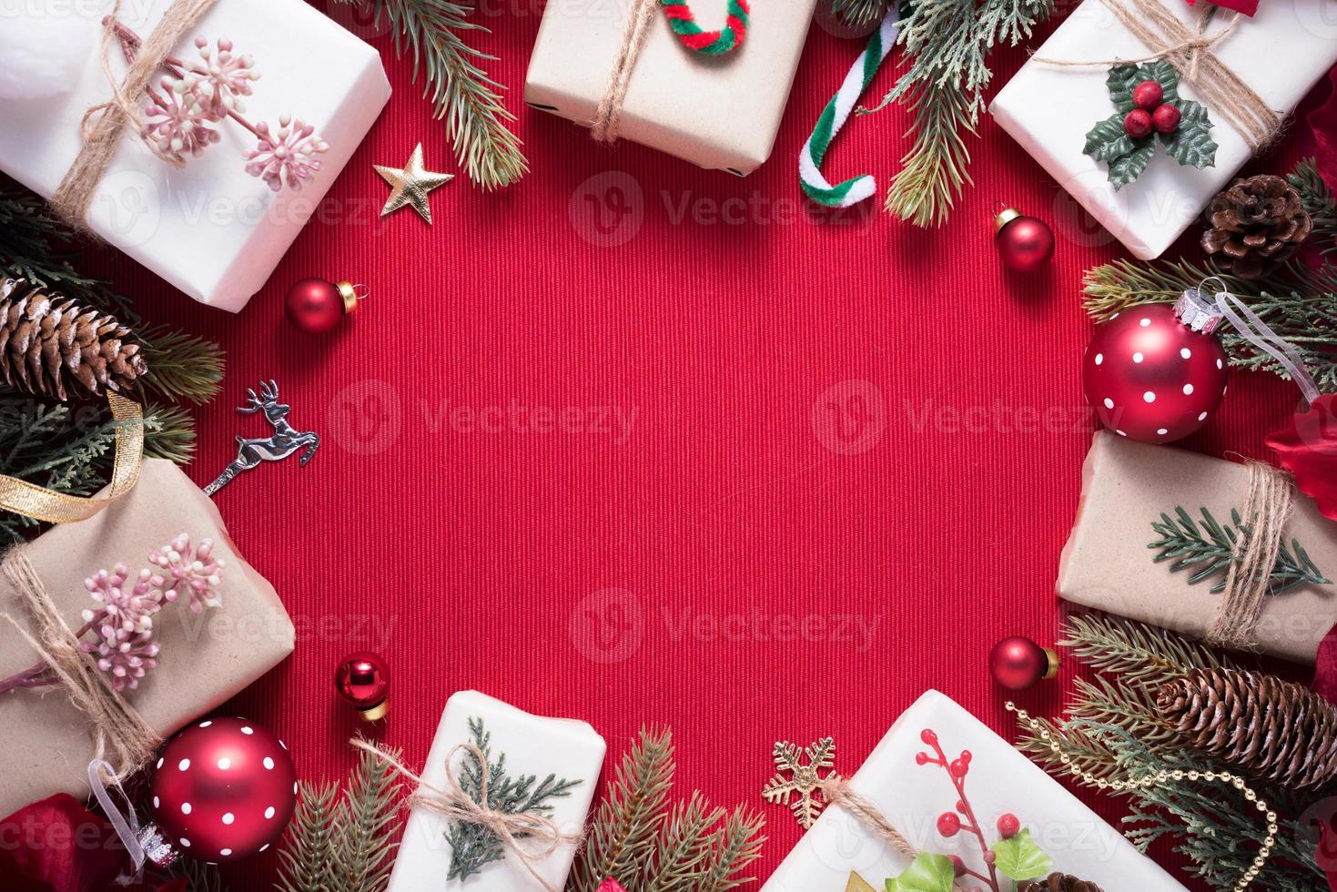 Merry Christmas and Happy New Year decoration for celebration on red cloth background with copy space photo