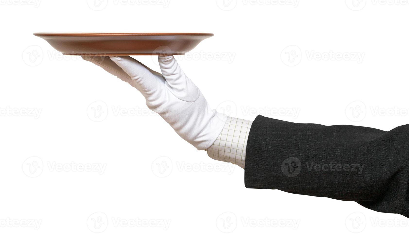side view of arm in white glove with brown plate photo