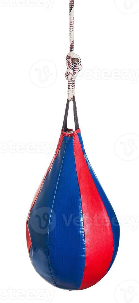 single pear shaped red and blue leather speed ball - boxing punch bag isolated on white background photo