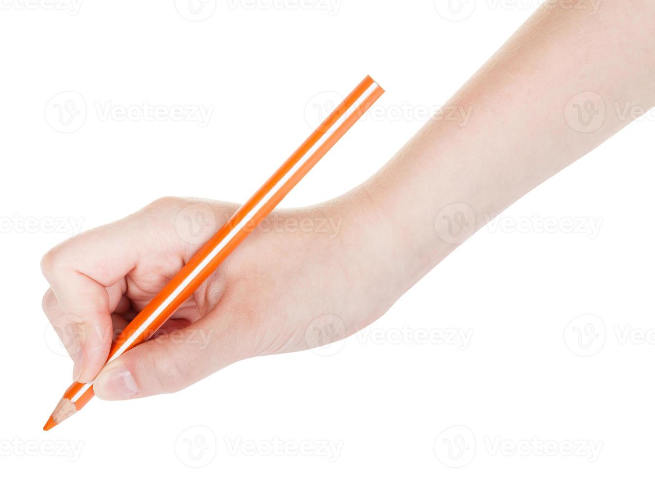 hand draws by wooden orange pencil isolated photo