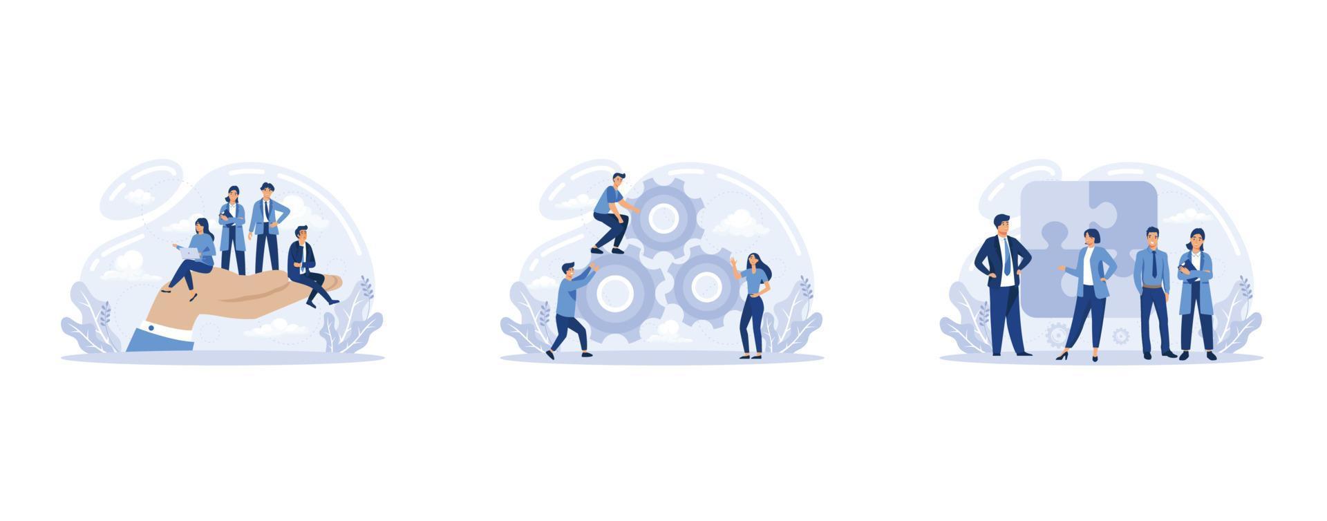 Employees care idea. Employees wellbeing or intersets regulation and protection. Corporate insurance, career development, set flat vector modern illustration