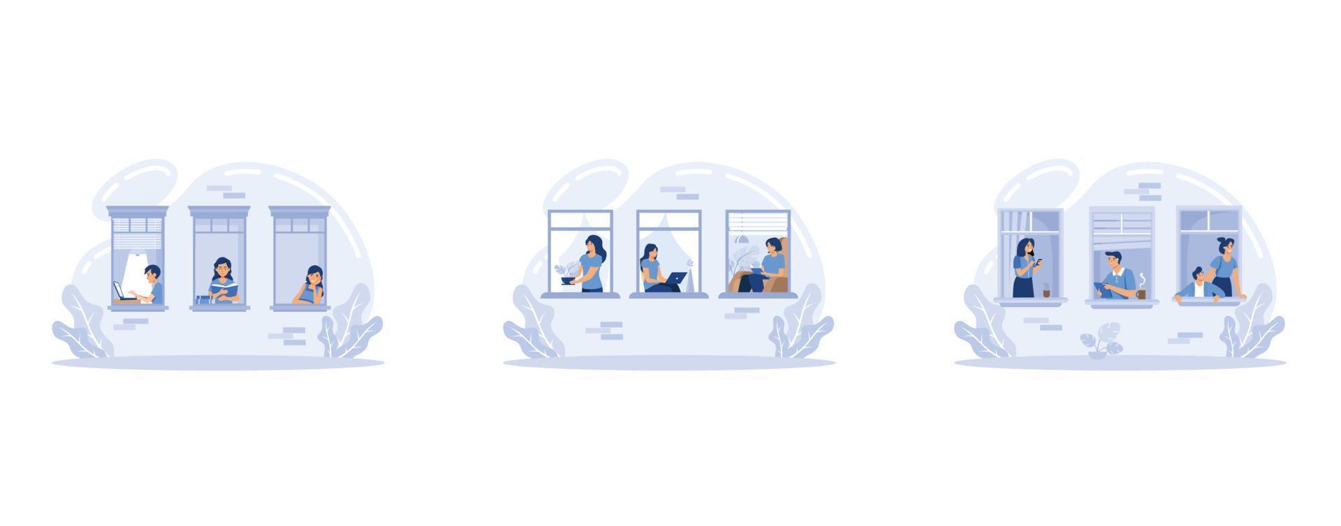 House facade with windows. Home office during coronavirus outbreak concept, people works from home,  Stay at home, set flat vector modern illustration