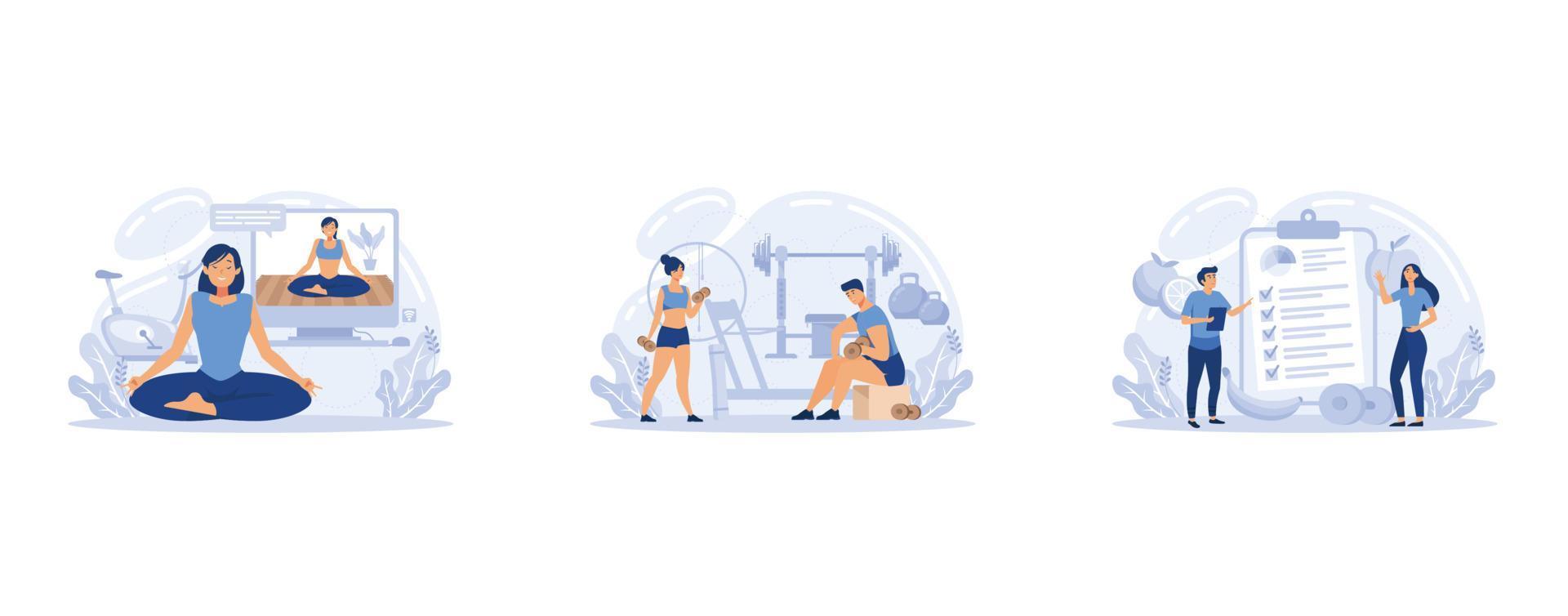 conjunto de conceptos de entrenador de fitness. entrenamiento en el gimnasio con atleta profesional. estilo de vida saludable y activo, establecer ilustración moderna de vector plano