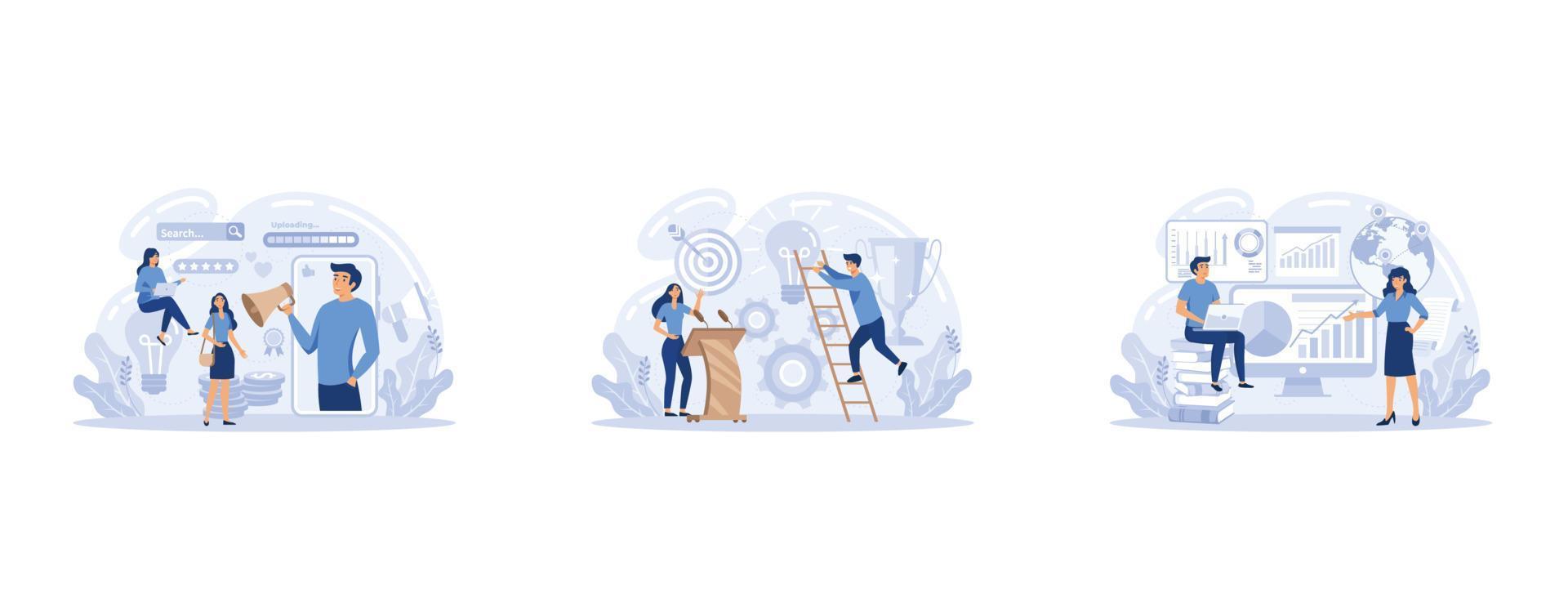 Trend watcher web banner or landing page set. Specialist in tracking the emergence of new business trends. Trend analysis and project promotion, set flat vector modern illustration