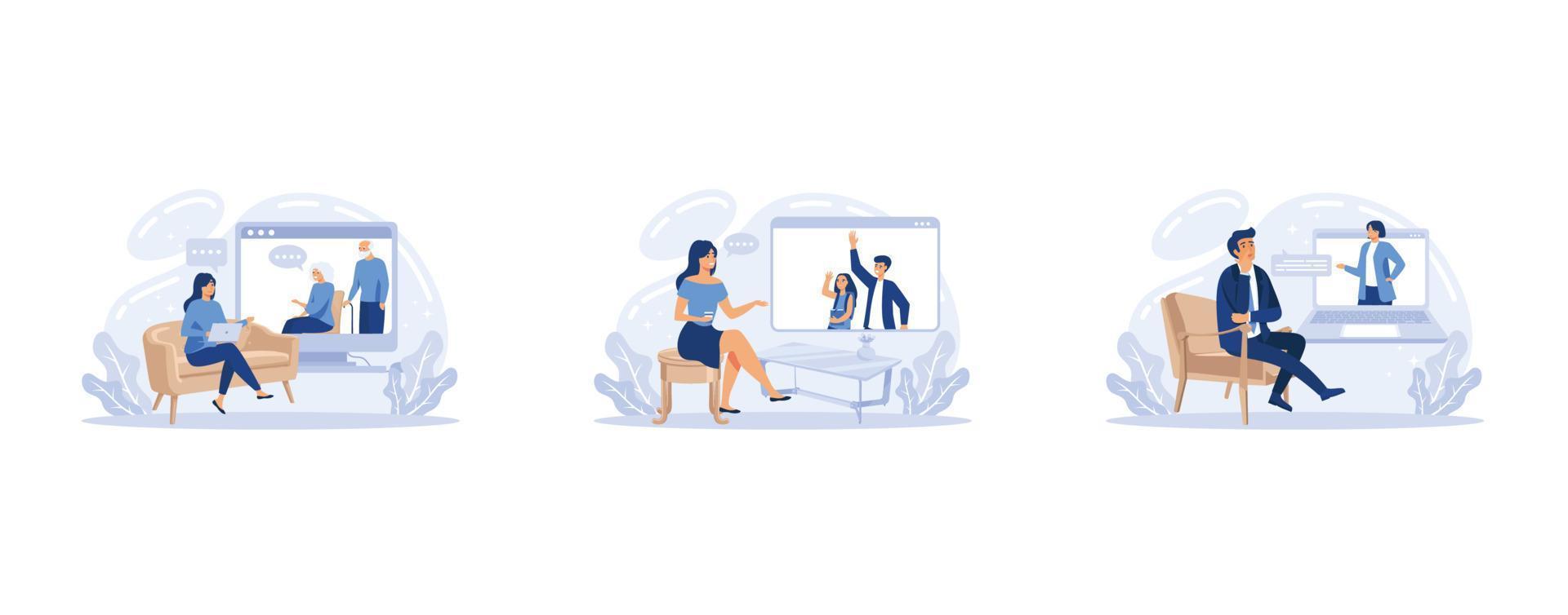Online psychologist therapy set of people getting distance psychological consultation, Professional psychiatrist, set flat vector modern illustration