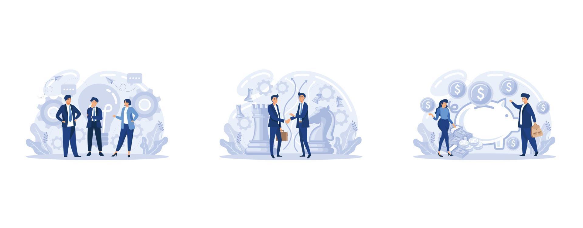 Meet our team, strategic partnership crowdfunding vector set. Cooperation and teamwork abstract concept. Entrepreneurship success abstract metaphor, set flat vector modern illustration