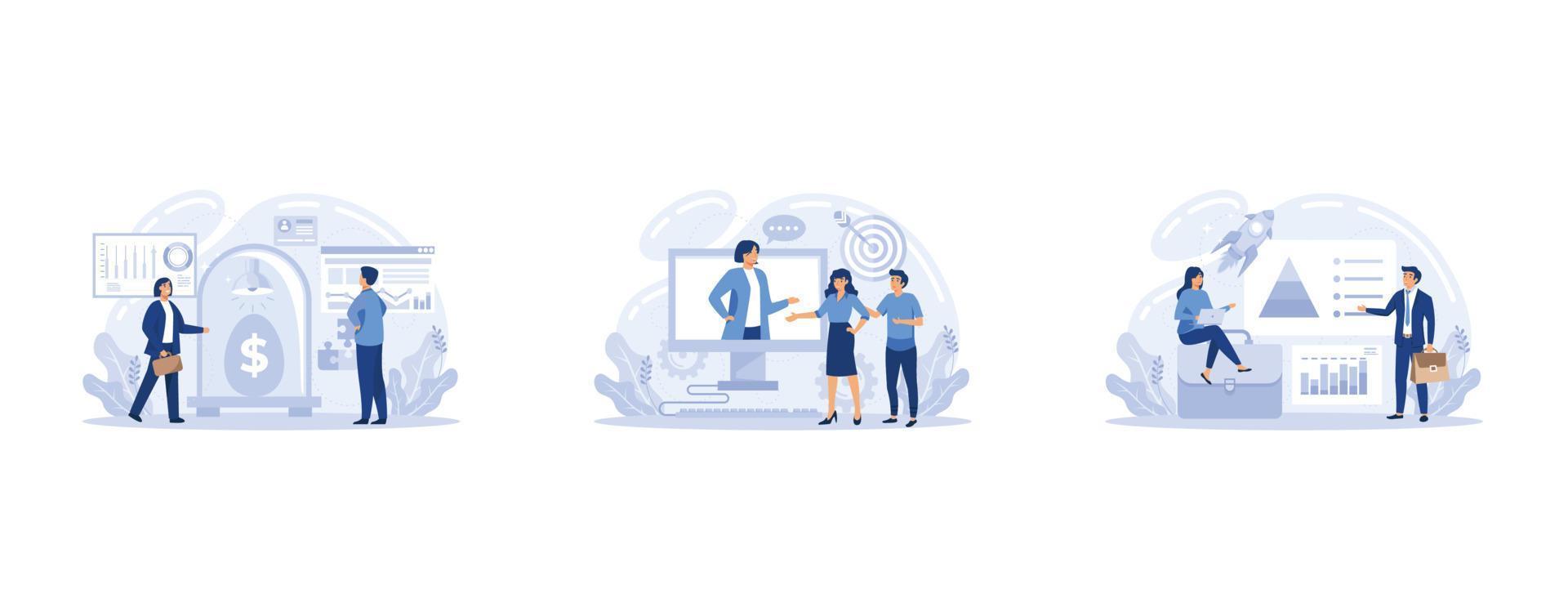 Business incubator web banner or landing page set. Business people and investors supporting new businesses. Money and professional assistance for start up project, set flat vector modern illustration