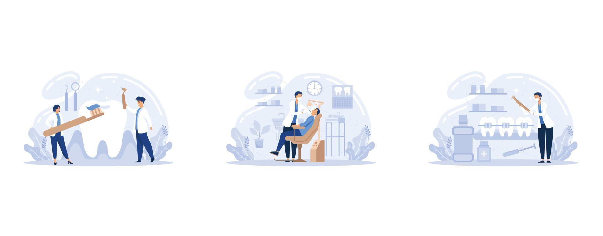 Dentist web banner or landing page set. Dental doctor in uniform treating human teeth using medical equipment. Idea of dental and oral hygiene, set flat vector modern illustration