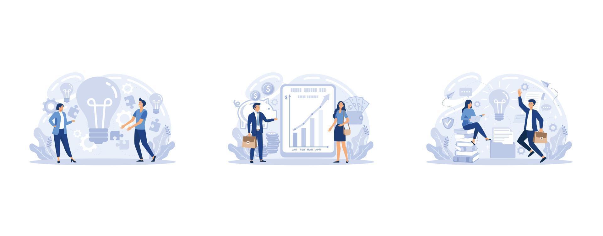 We have solution, business investment, new ideas solution scenes set. Teamwork and brainstorming. Team and new startup. Leadership and financial activities, set flat vector modern illustration