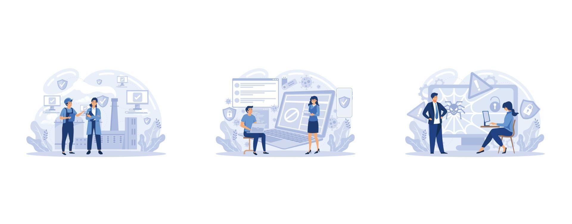 Antivirus software development metaphor. Malware, computer virus and spyware, industrial cybersecurity management. Online programs personal data protection, set flat vector modern illustration