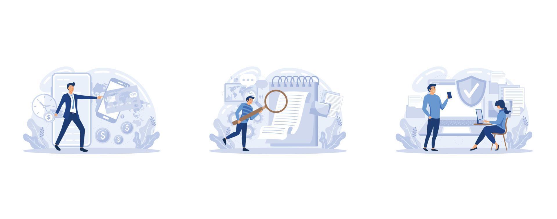 Fees and funding, terms and conditions, privacy policy, service cost, subscription fee, website menu bar, UI, UX, set flat vector modern illustration