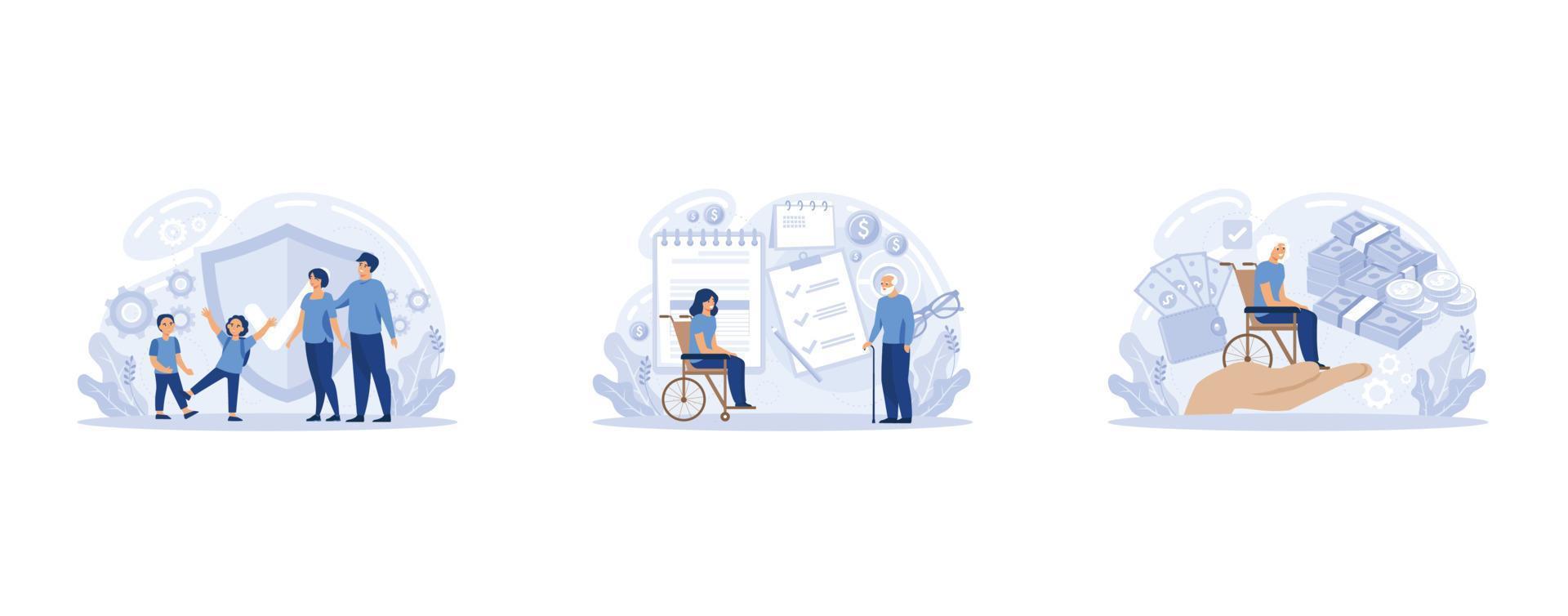 Families with children protection. Disabled and retired people financial support. Social security, social-security benefit, care allowance metaphors, set flat vector modern illustration