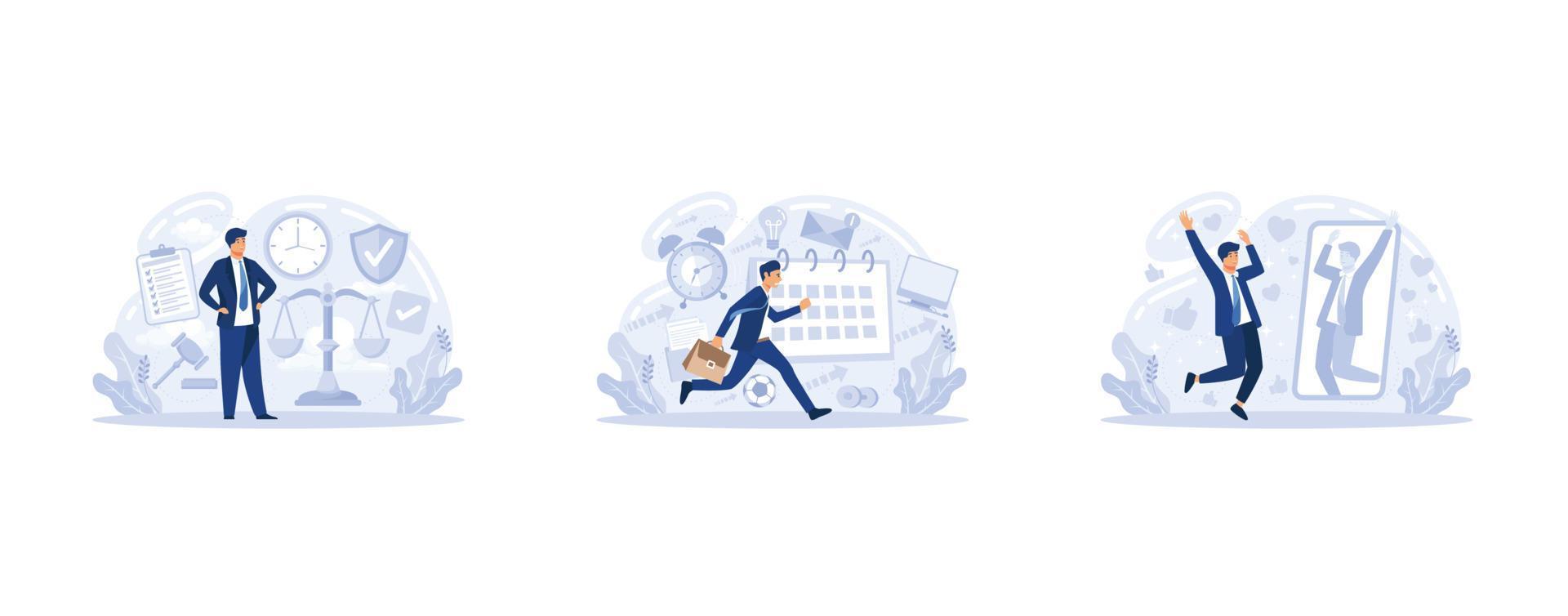 Confidence, accountability and discipline, mental strength, psychological flexibility, decision making, leadership role, personal development, set flat vector modern illustration