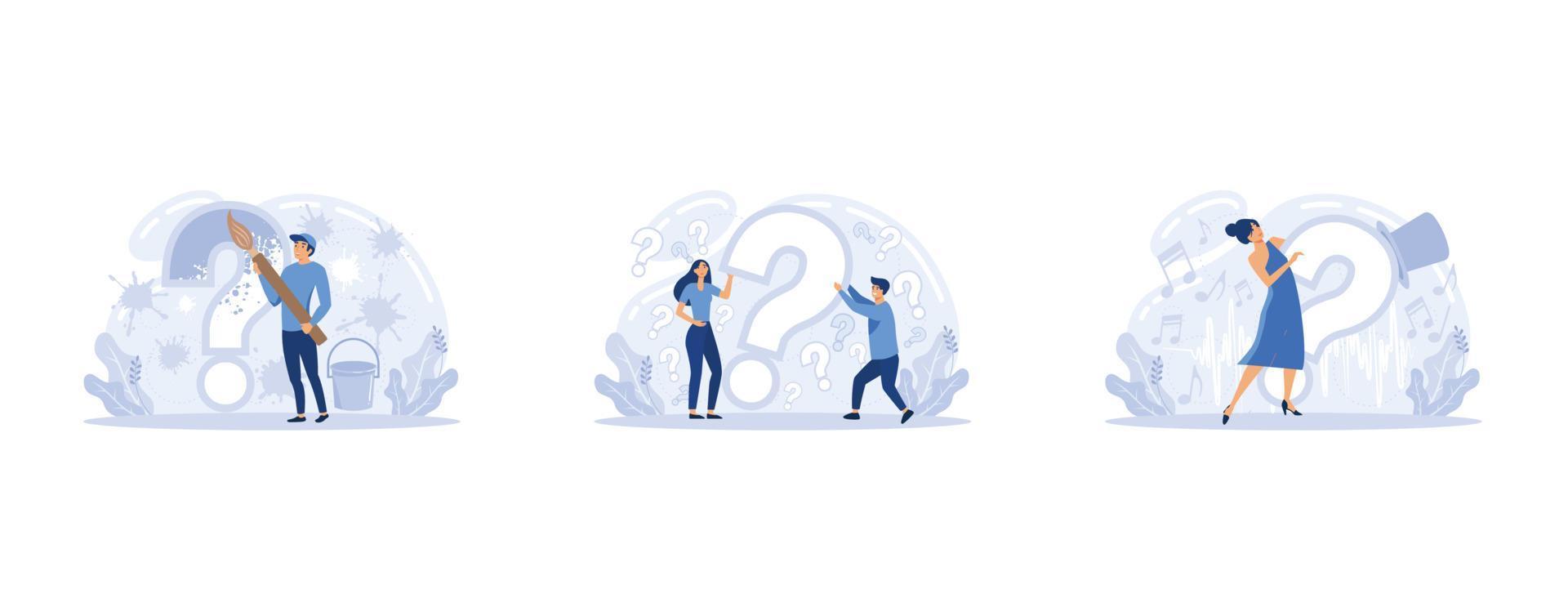 Dilemma of businessman, thinking concept. man thinks and asks himself about next job or project. Career choice, person thinking about something alarming, set flat vector modern illustration