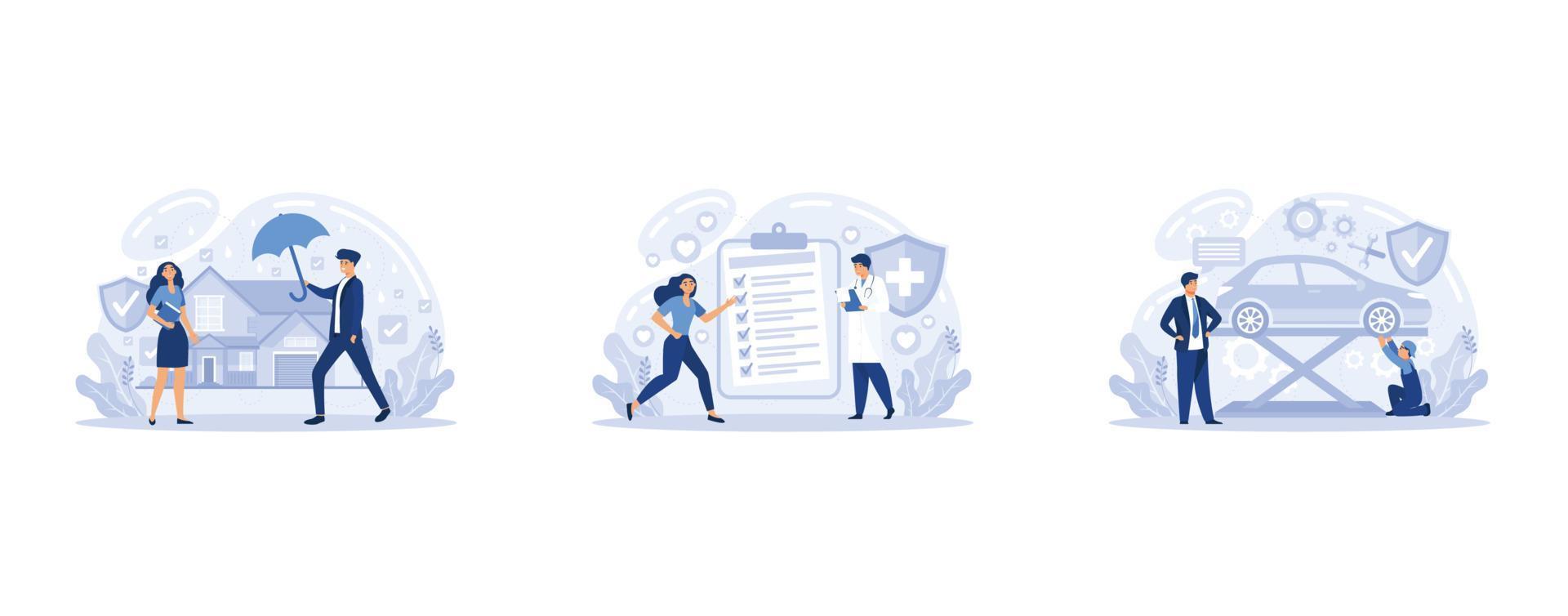 Applying for home, car and health insurance. Safety for accidents and risks. Investment in insurance policy to protect property, set flat vector modern illustration