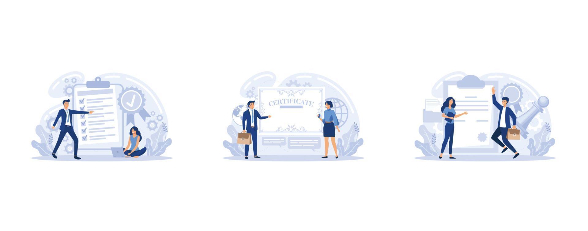 Business people meeting quality control standards and getting international certificate, certification, quality management, industry, legal guarantee, legislative protection of rights, vector