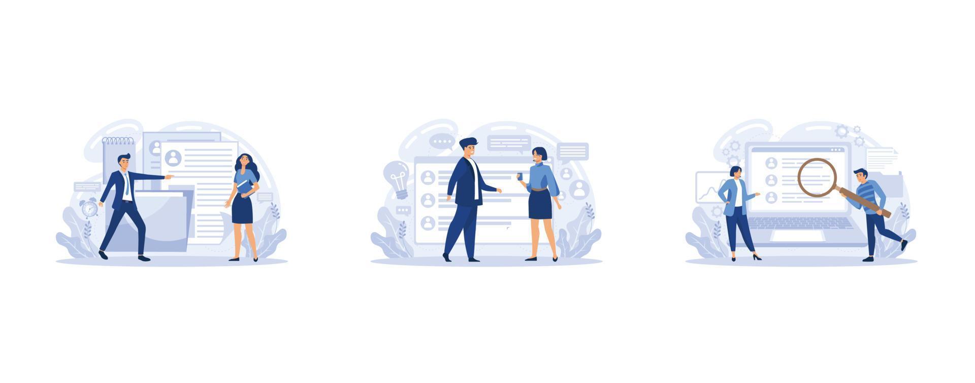 Human resources manager hiring employee or workers. HR management software, looking for job candidates. Employment, job search, set flat vector modern illustration