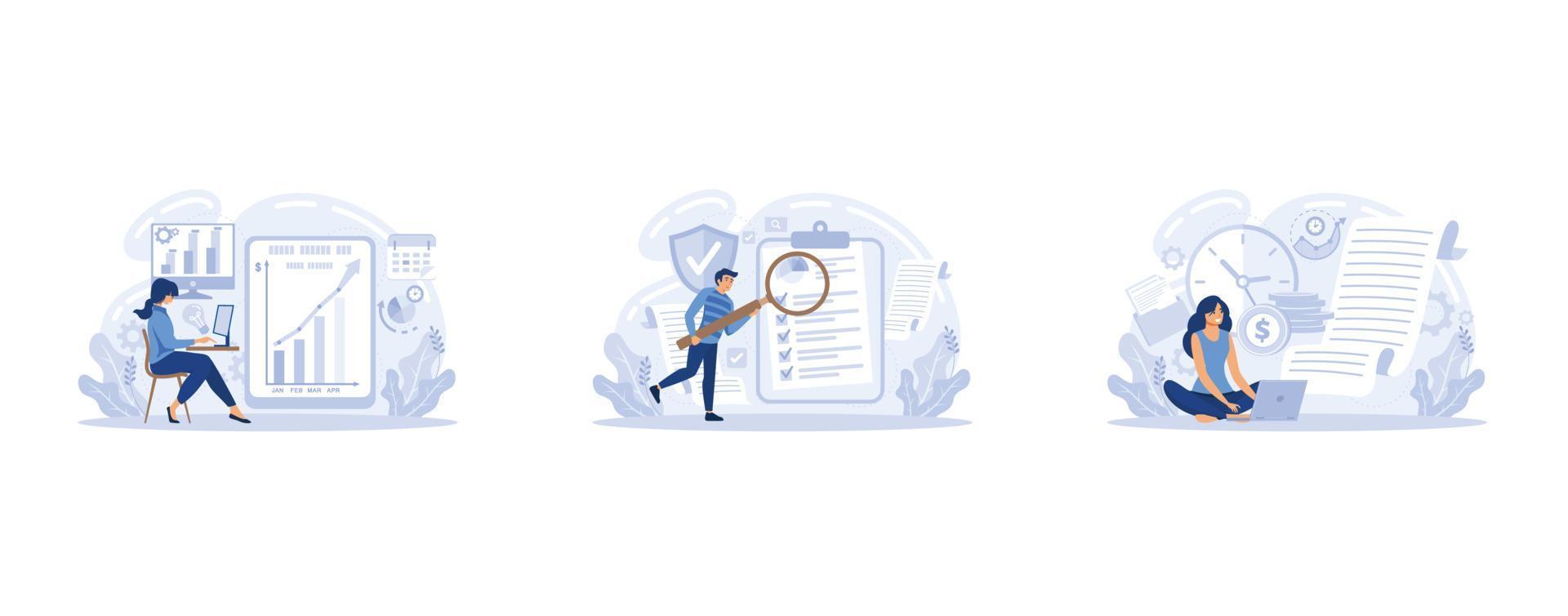 Business intelligence action business plan. Strategic planning automation process. Mission rules vision statement competitive intelligence, goals action plan, set flat vector modern illustration
