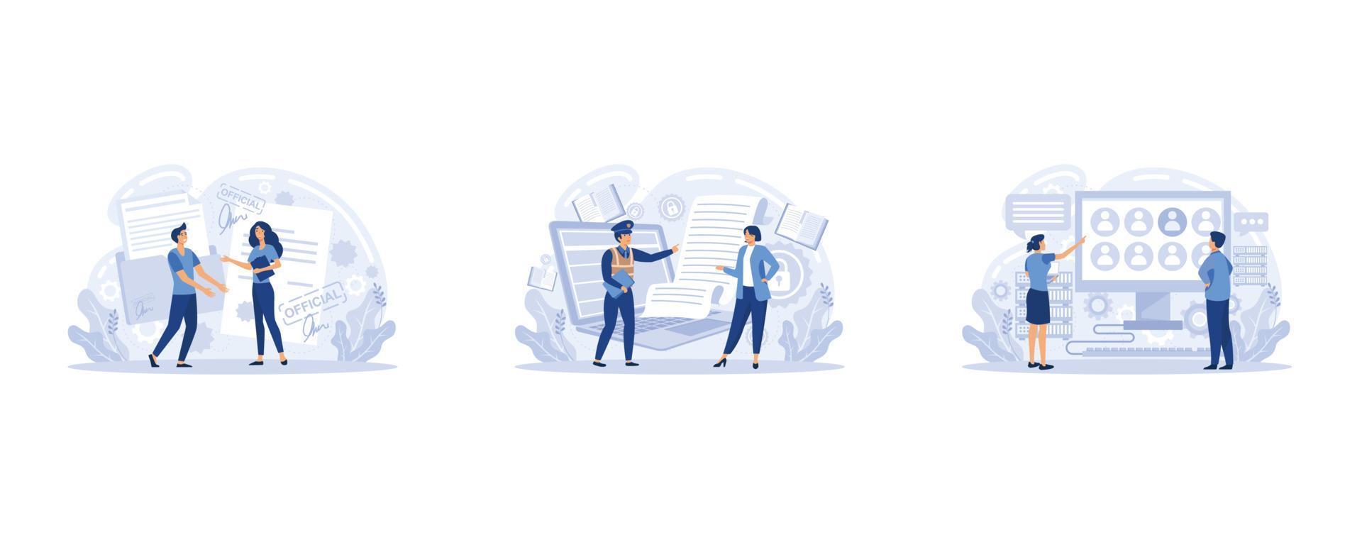 Privacy policy, official document information in form of text, customer database information about companys clients who made transactions, set flat vector modern illustration