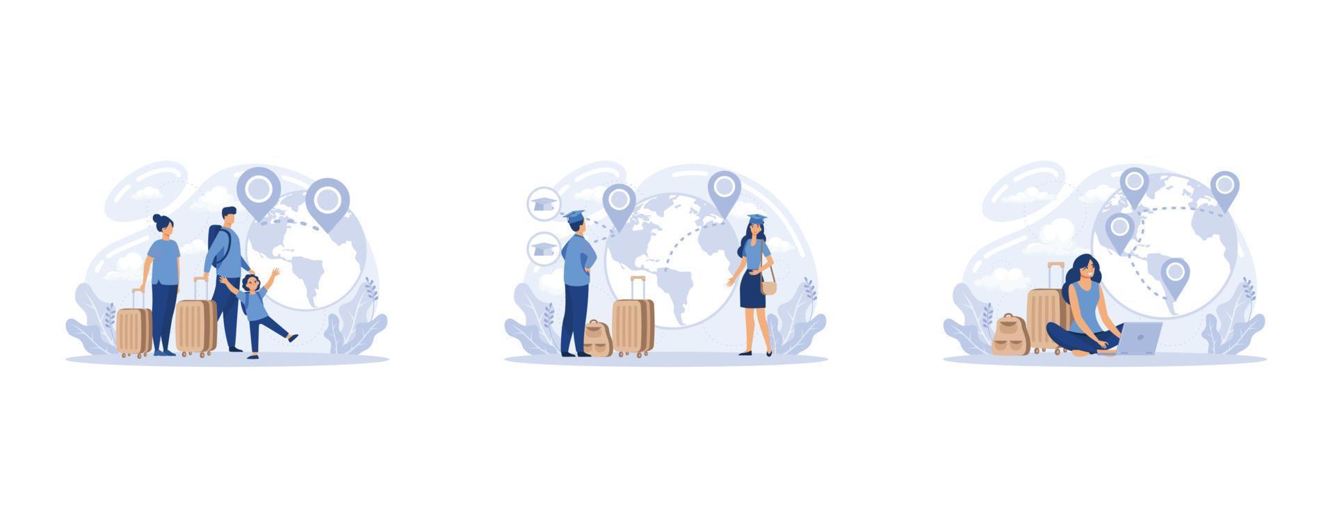 Human capital, International migration, brain drain, digital nomad, trained workers, buisness start up, leave country, set flat vector modern illustration