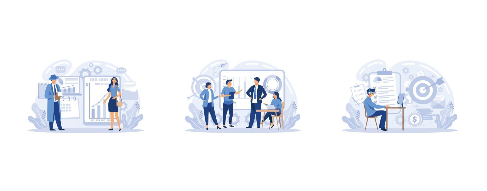 Business intelligence action business plan. Strategic planning automation process. Mission rules vision statement competitive intelligence, goals action plan, set flat vector modern illustration