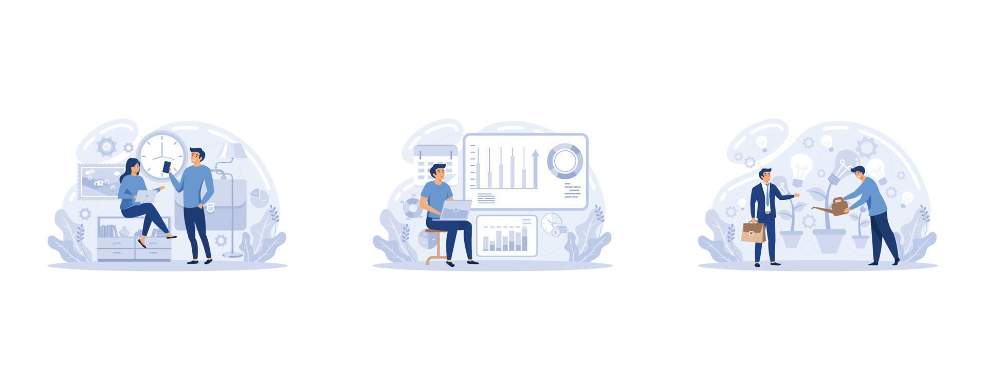 Constant innovation business, tech savvy, data driven business, Technological development startup. Improving company, set flat vector modern illustration
