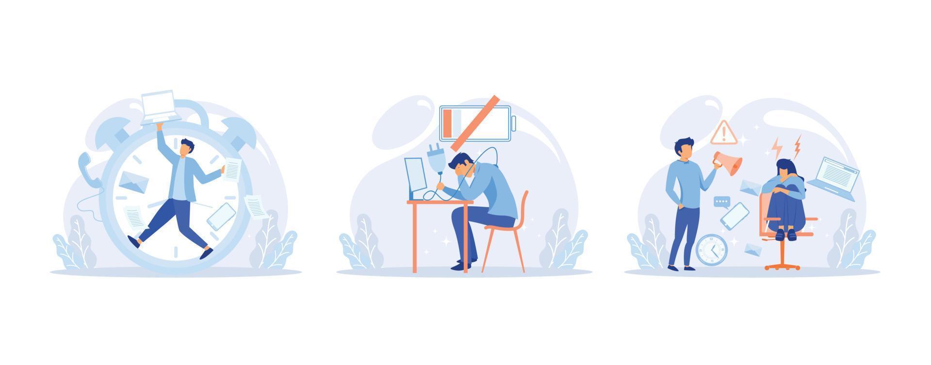 Stressed characters workload, deadline. Exhausted employees distressed with job. Work fatigue and stress concept, Stress at work, set flat vector modern illustration