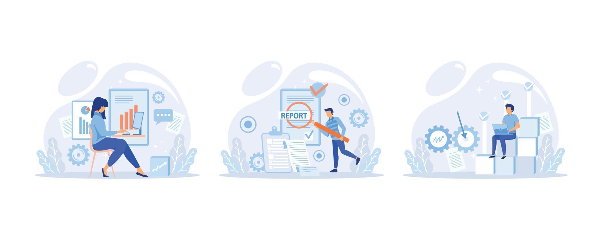Strategic business planning, automation process. Business mission, rules, vision statement, competitive intelligence, goals action plan, brand success, set flat vector modern illustration