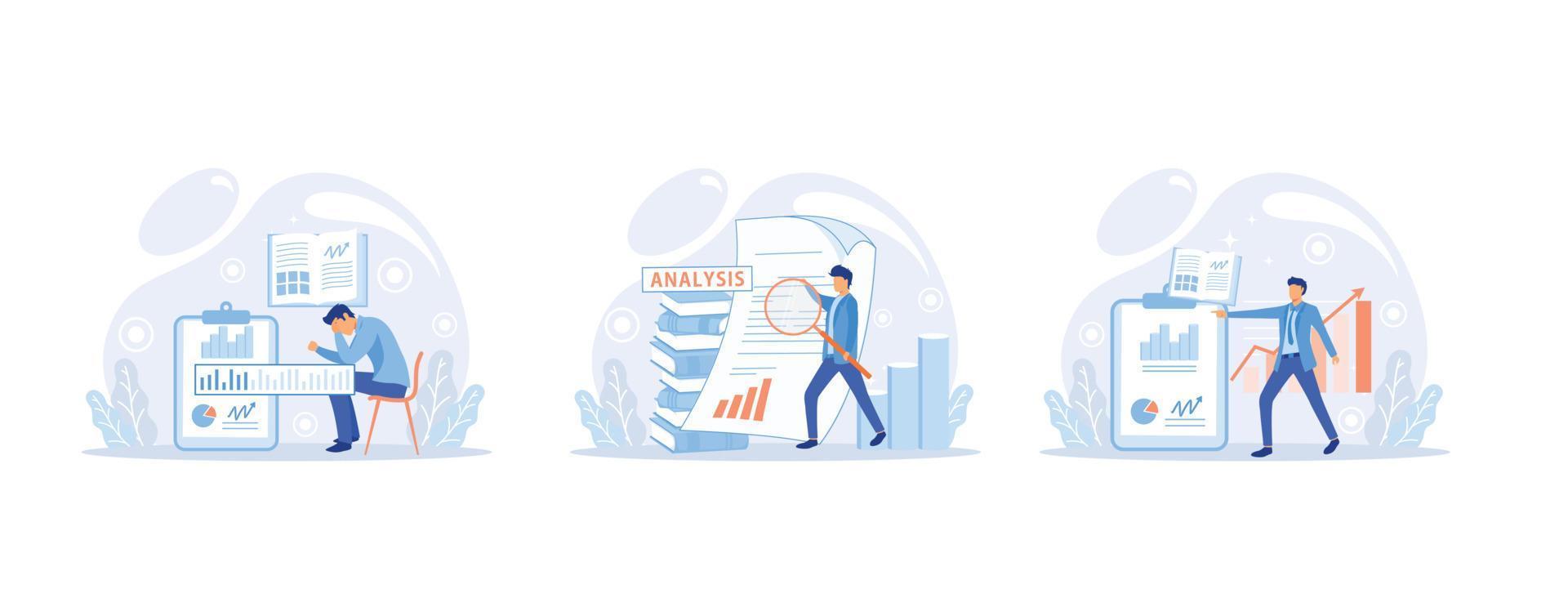 Investigación de negocios. identificar negocios determinar soluciones resolver problemas de negocios. el vendedor analiza el plan de ventas, hace una campaña publicitaria, establece una ilustración moderna de vector plano