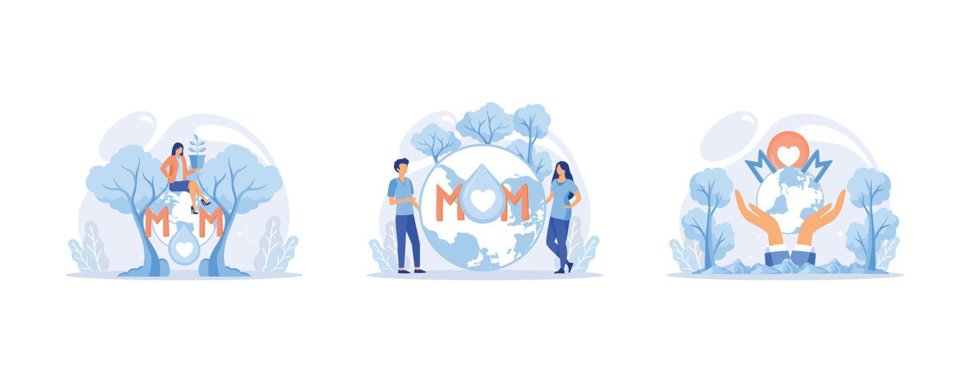 International Mother Earth Day, Environmental problems and ecological protection. Universal symbolic holiday of love, care common home, set flat vector modern illustration