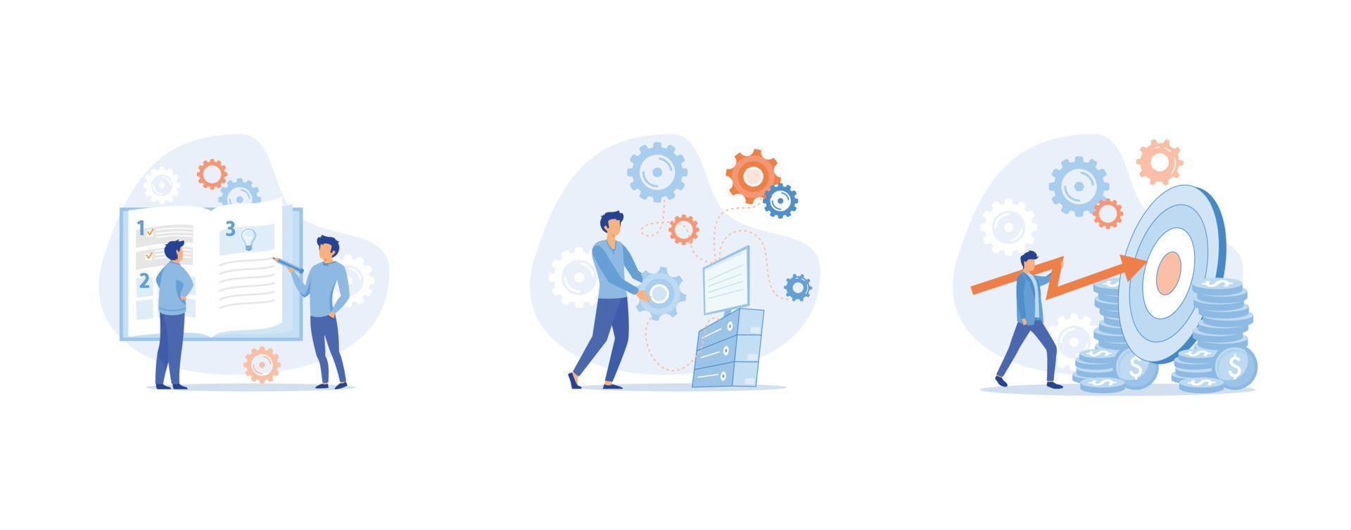 Strategic business planning, automation process. Business mission, rules, vision statement, competitive intelligence, goals action startup plan, brand success, set flat vector modern illustration