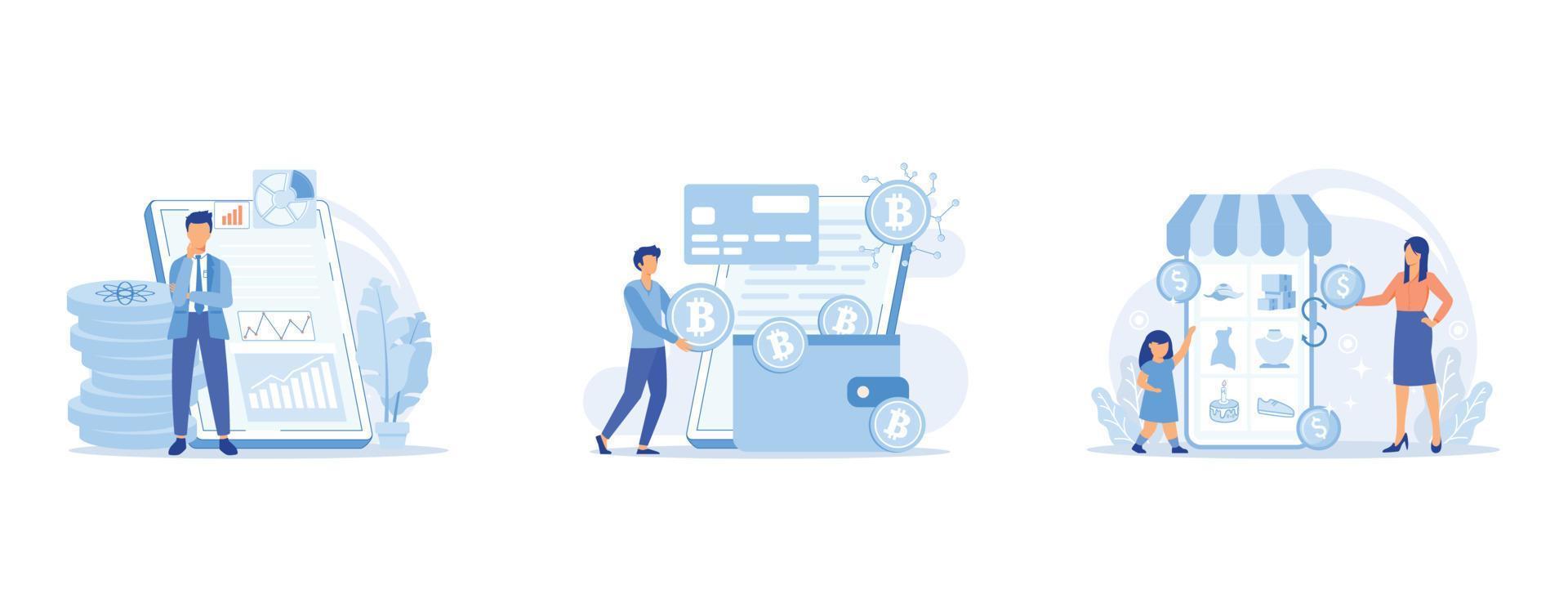 Quantum computing abstract concept, Digital wallet abstract concept, Baby clothes trade-in abstract concept, set flat vector modern illustration