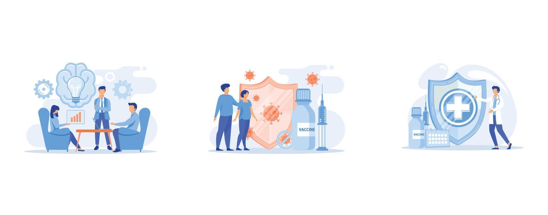 Brainstorming abstract concept , Coronavirus vaccine abstract concept , Vaccination program abstract concept, set flat vector modern illustration