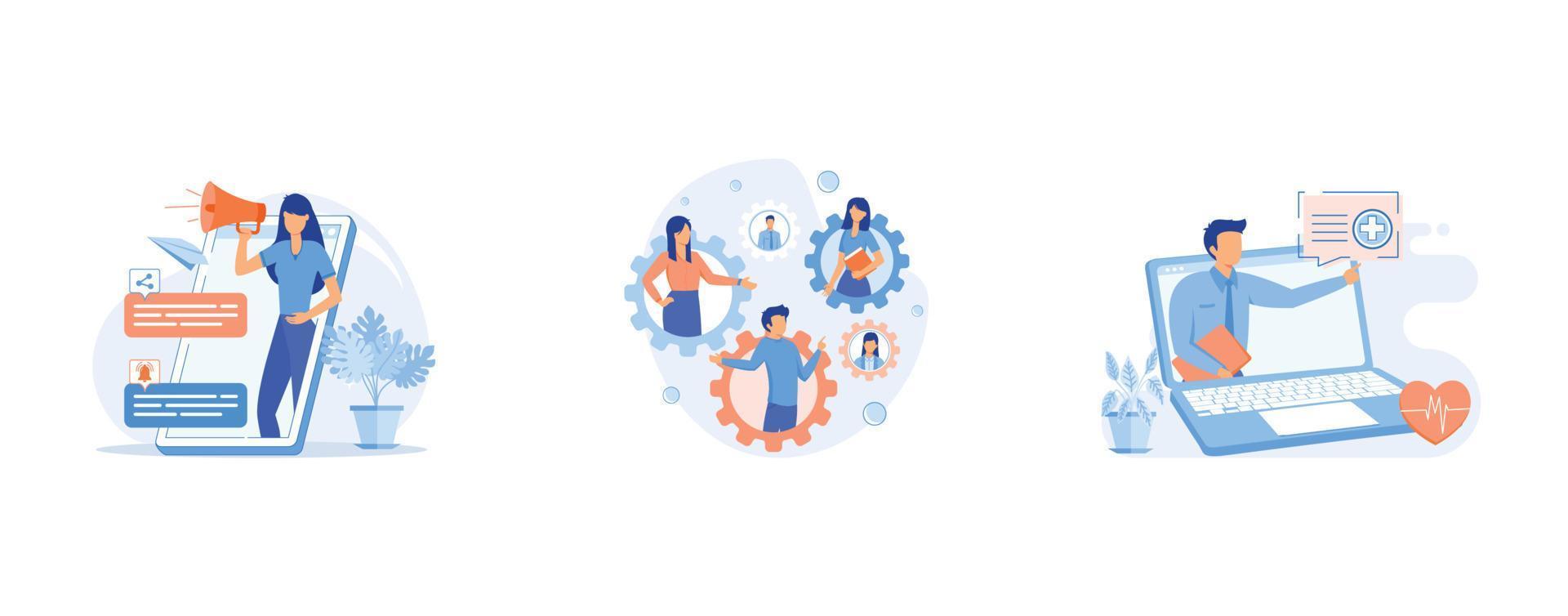 Online activism abstract concept, Social role abstract concept, Telehealth abstract concept, set flat vector modern illustration