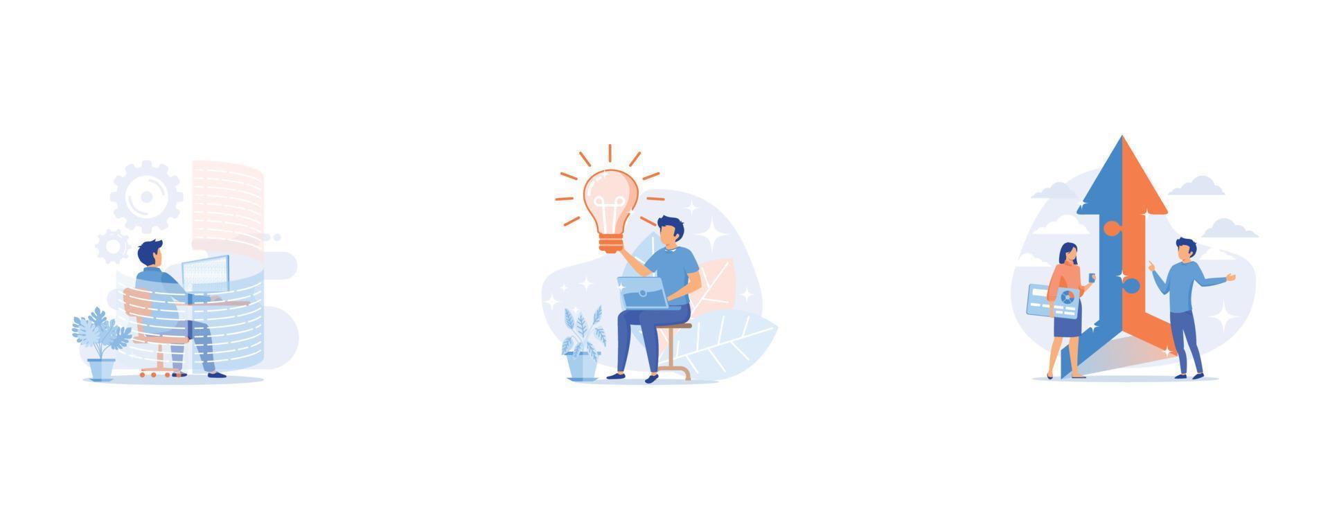 Man using computer at work, Thinking outside the box, Coworkers cartoon characters, set flat vector modern illustration