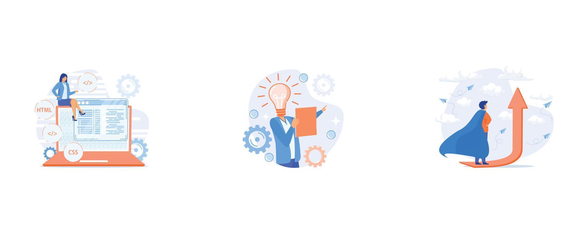 Css and HTML programming languages, Innovative ideas generation, Personal growth motivation, set flat vector modern illustration