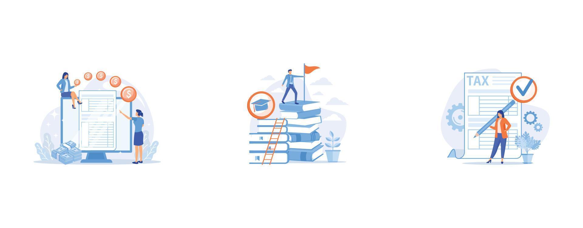 Accountant expertise, Clever man, student standing on books stack with flag, Taxes calculation, set flat vector modern illustration