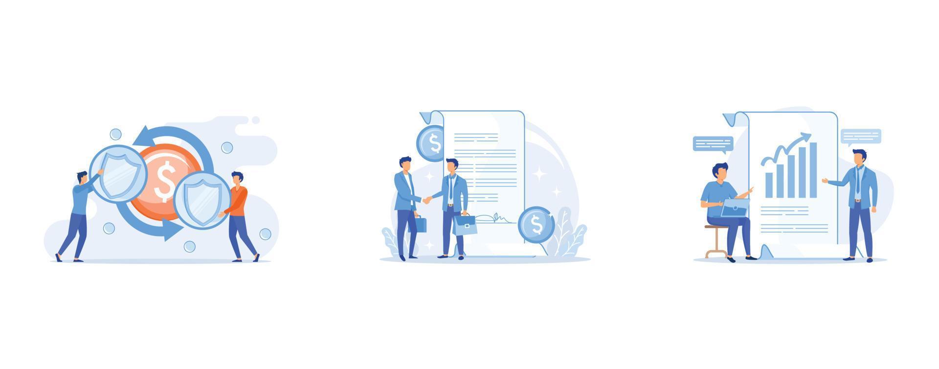 Peer to peer insurance model, Financial obligation document, Business financial report, set flat vector modern illustration