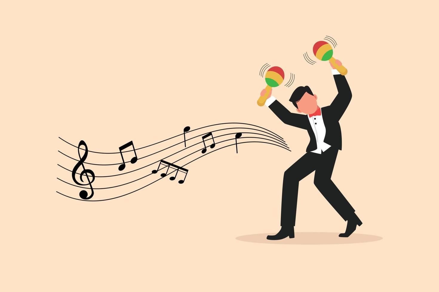 Business design drawing man street band player mariachi plays maracas. Male performer with maracas musical instruments, mariachi player at national festival. Flat cartoon style vector illustration