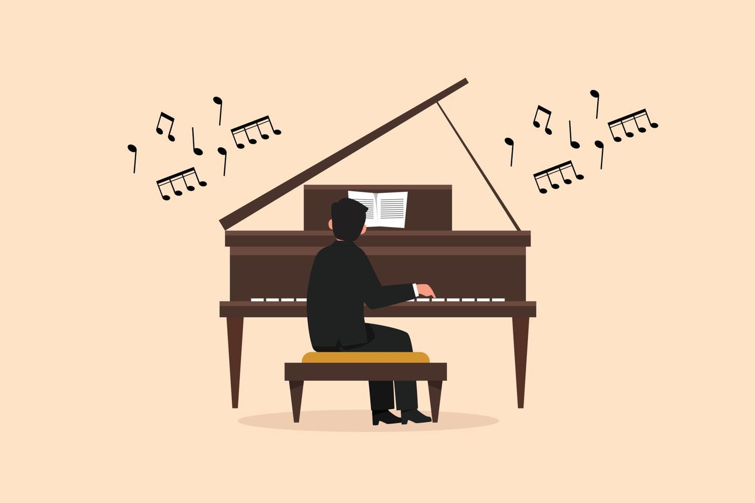 Business design drawing man plays piano. Male performer sits at musical instrument and plays jazz or blues. Professional musician. Person performs on stage. Flat cartoon style vector illustration