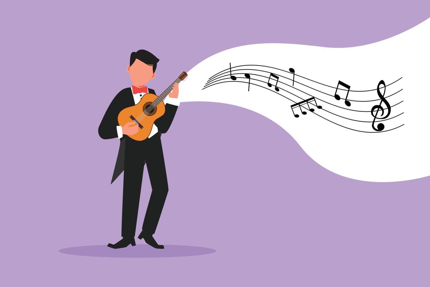 Business flat drawing joyful guy playing on ukulele and singing having fun. Male musician holding small guitar and singing. Man play on musical instrument. Cartoon character design vector illustration