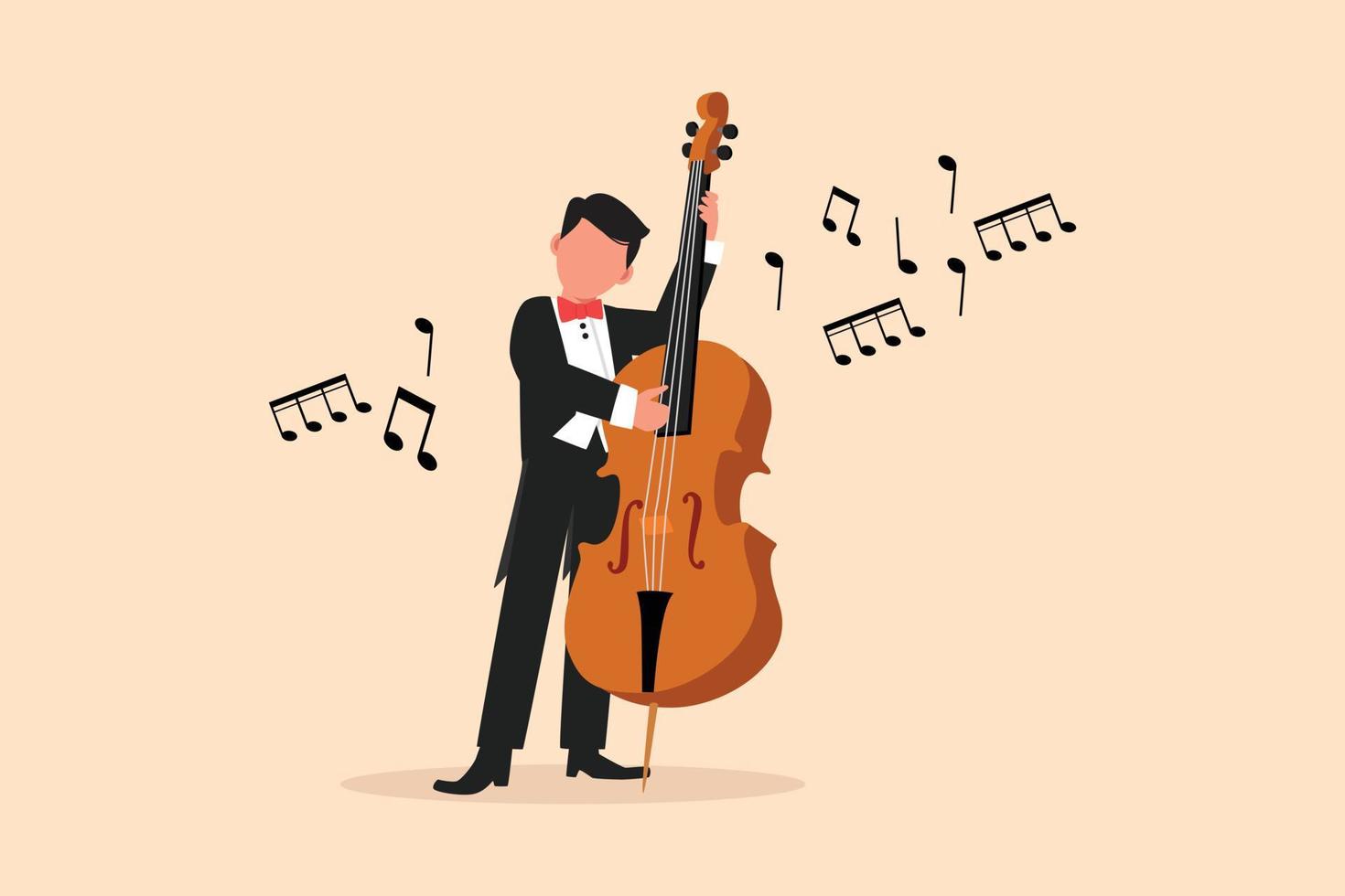 Business flat cartoon drawing double bass player standing with big string instrument. Man musician playing classical music with fingers. Professional contrabassist. Graphic design vector illustration