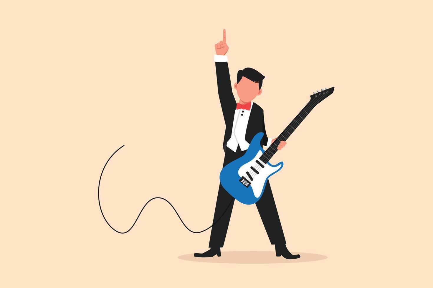 Business flat cartoon style drawing young male musician plays electric guitar. Man practicing in playing guitar. Guitarist perform playing music instrument on stage. Graphic design vector illustration