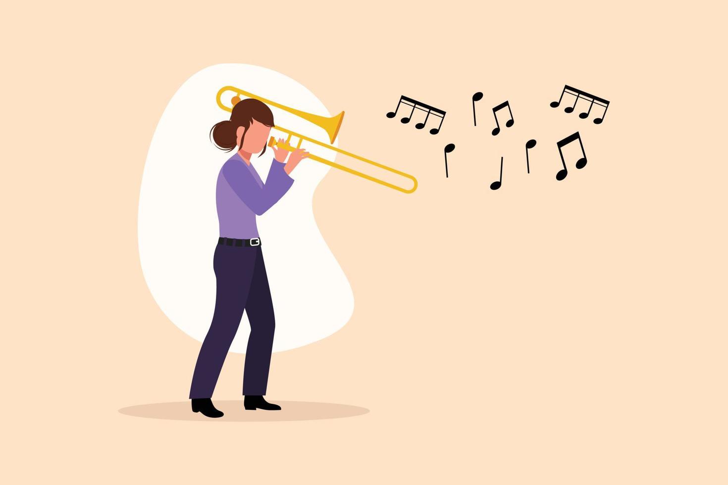 jugador de trombón de dibujo plano de negocios. artista femenina toca un instrumento de viento. chica artista musical. mujer jazzista. músico toca la trompeta. Evento de música clásica. ilustración de vector de diseño de personaje de dibujos animados