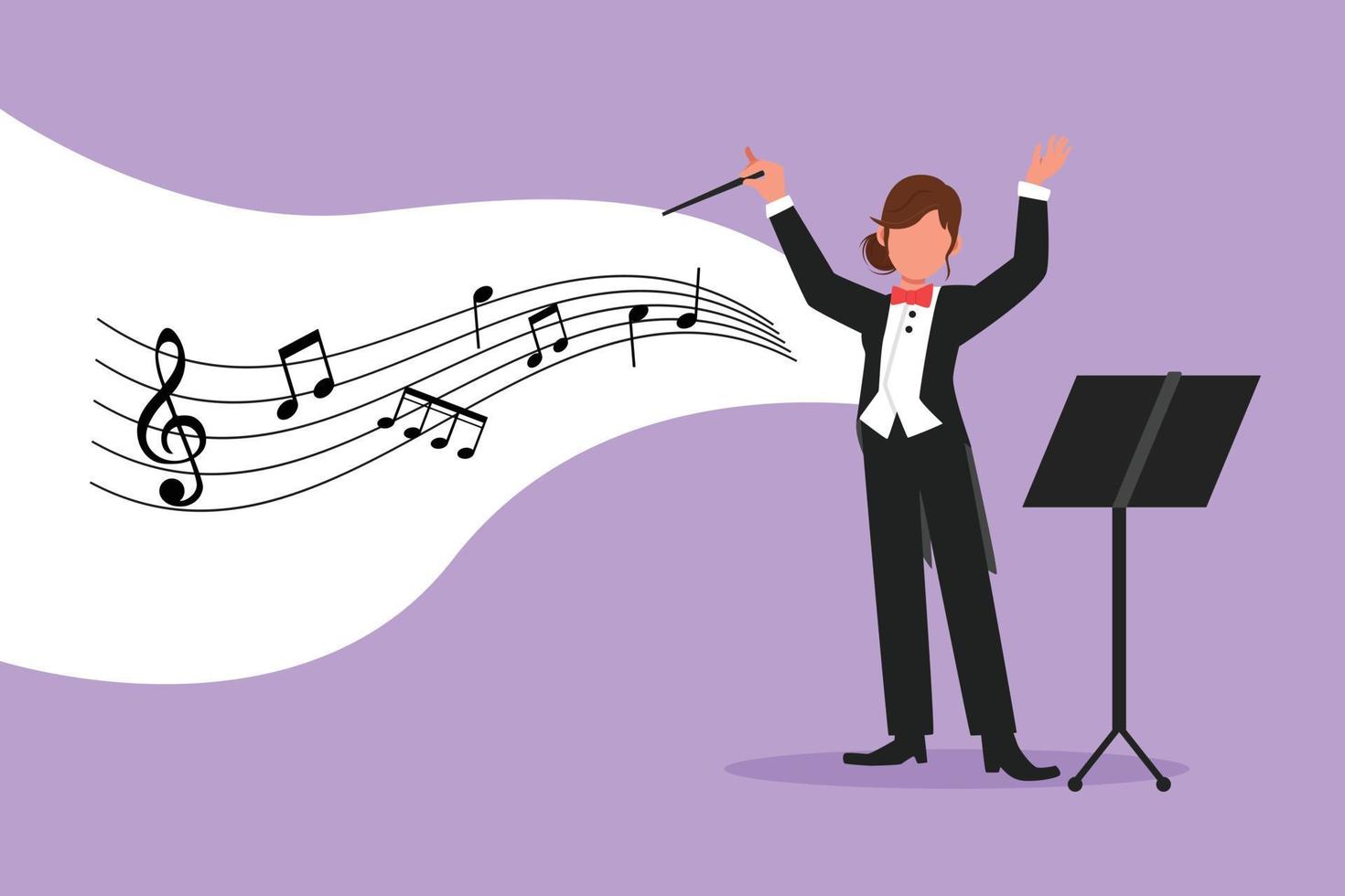 Business design drawing woman music orchestra conductor. Female musician in tuxedo suit with arm gestures. Expressive conductor directs orchestra during performance. Flat cartoon vector illustration