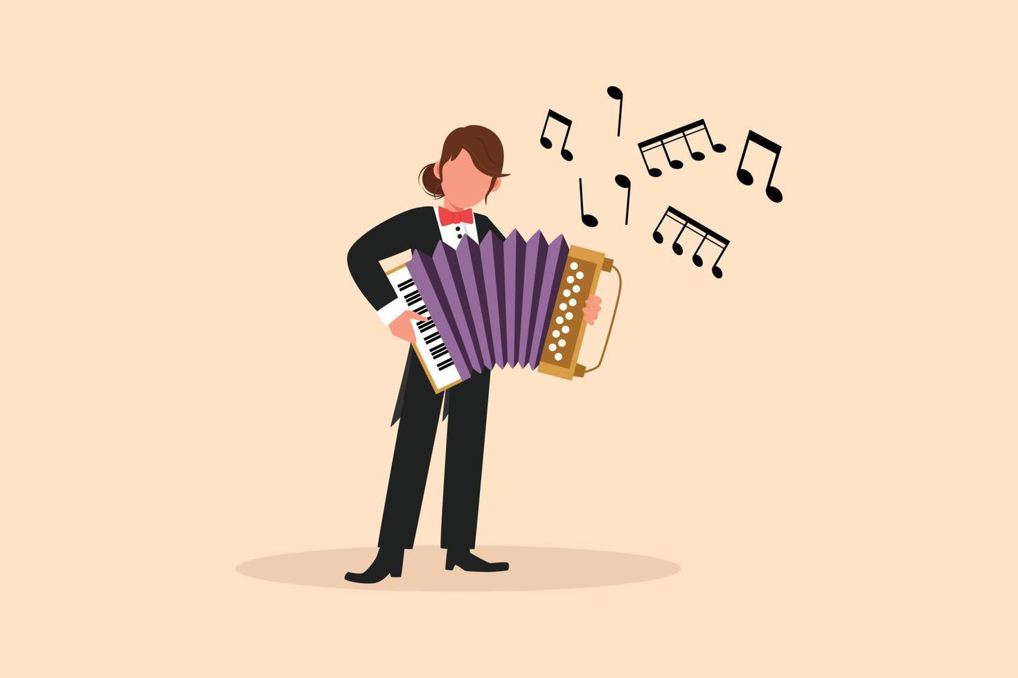 Business design drawing woman musician playing accordion. Female performer plays acoustic musical instrument. Accordionist perform playing music instrument. Flat cartoon style vector illustration