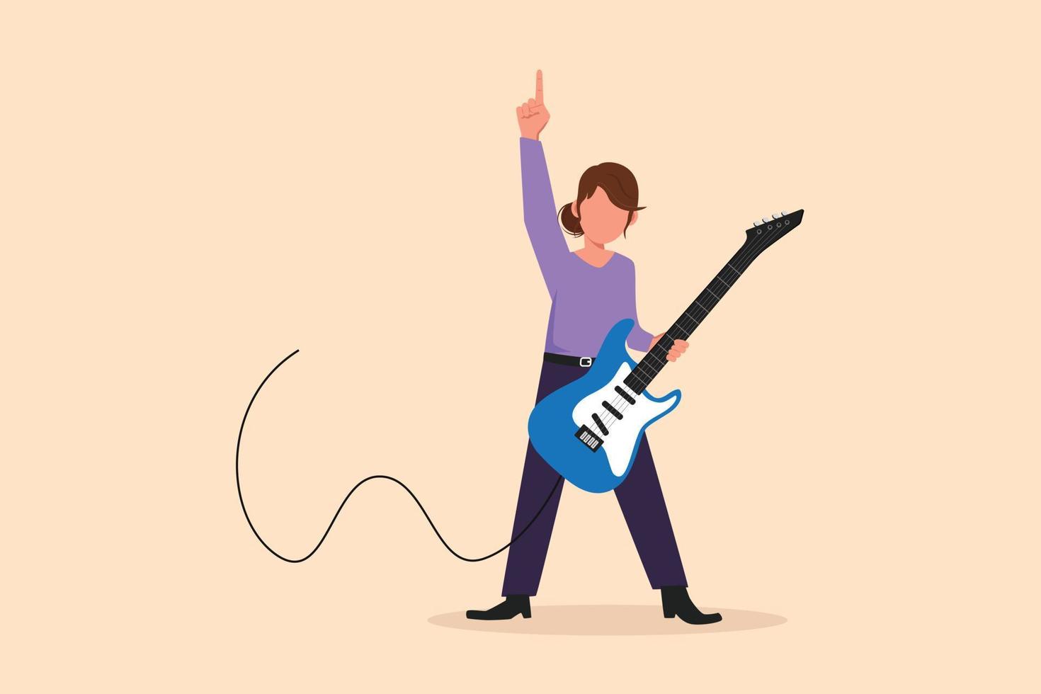 Business flat drawing female musician playing electric guitar. Woman practicing in playing guitar. Guitarist perform playing music instrument on stage. Cartoon character design vector illustration