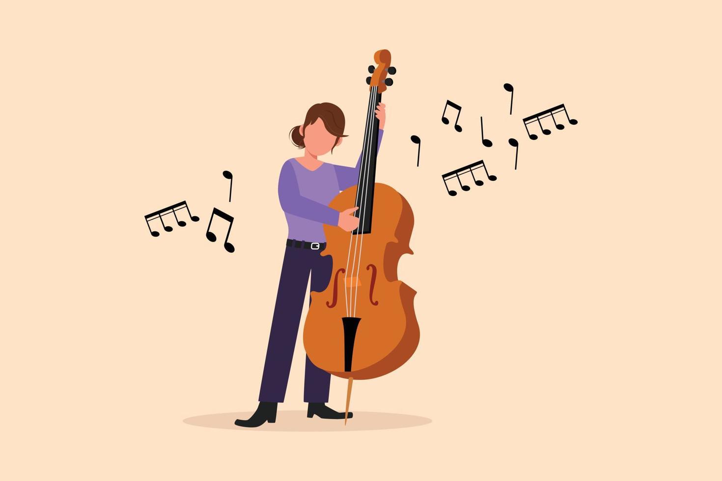 Business flat drawing double bass player standing with big string instrument. Woman musician playing classical music with fingers. Professional contrabassist. Cartoon style design vector illustration