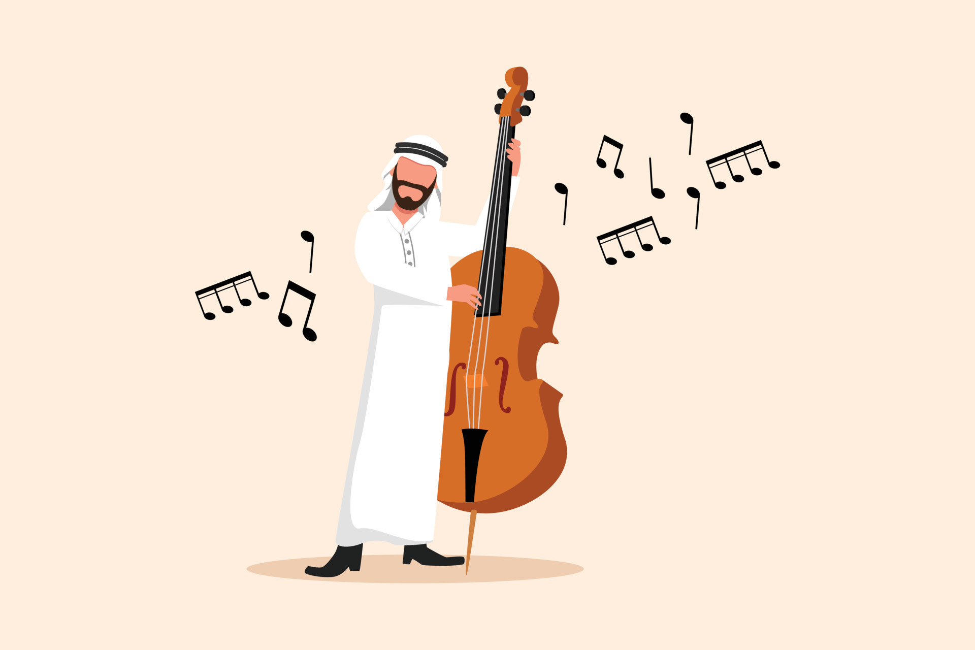 Business flat cartoon drawing double bass player with big string