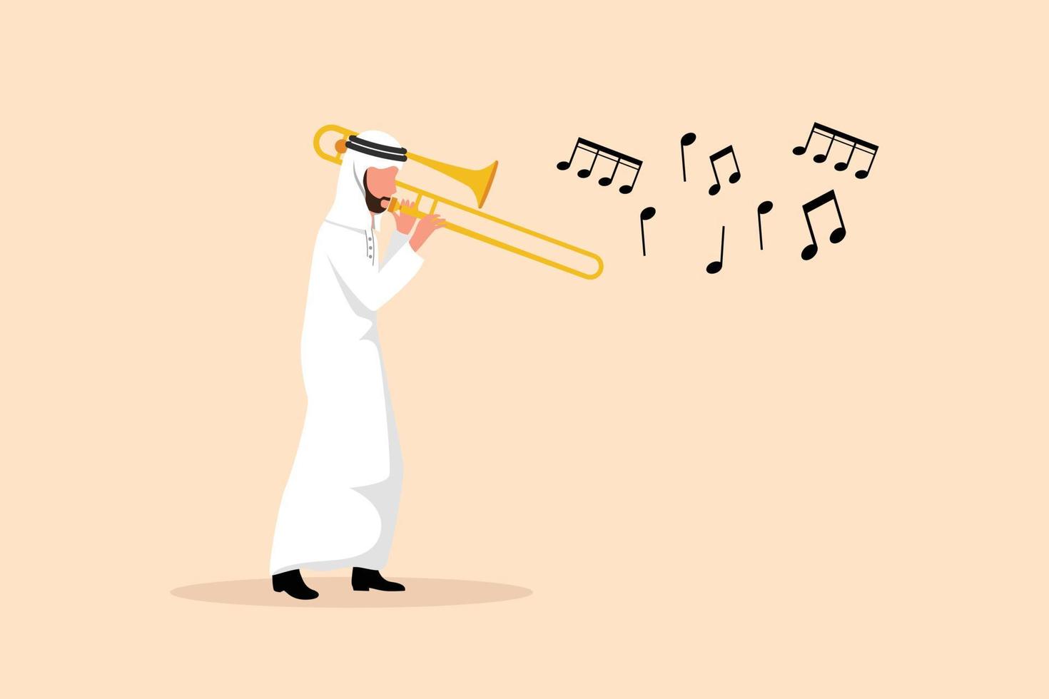 Business design drawing Arabian trombone player character. Male performer playing wind instrument. Jazz man. Musician play trumpet. Entertainment. Classic music event. Flat cartoon vector illustration